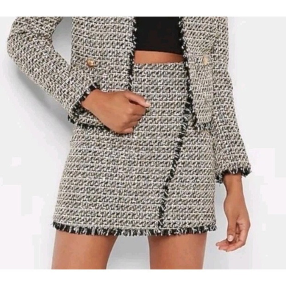 New Express Super High Waist Tweed Fringe Mini Skirt Size 14 Black Gold Preppy